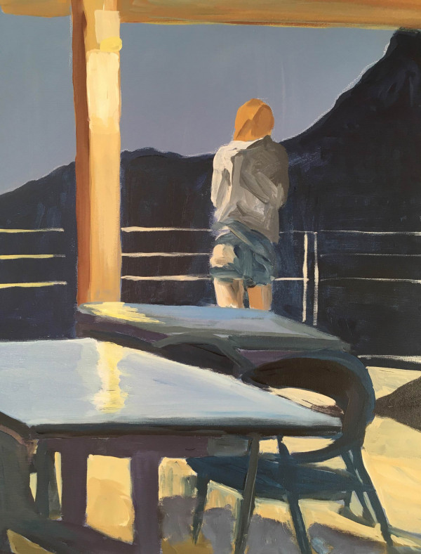 Mädchen auf Balkon, 60x70, Acryl auf Leinwand, 2021